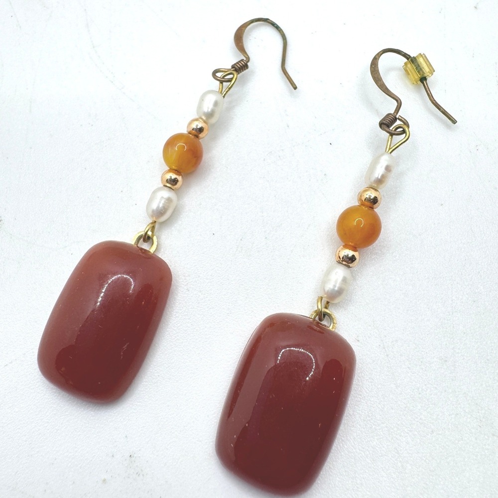 Carnelian Agate Freshwater Pearl Drop Earrings Orange Gold Tone Dangle Handmade